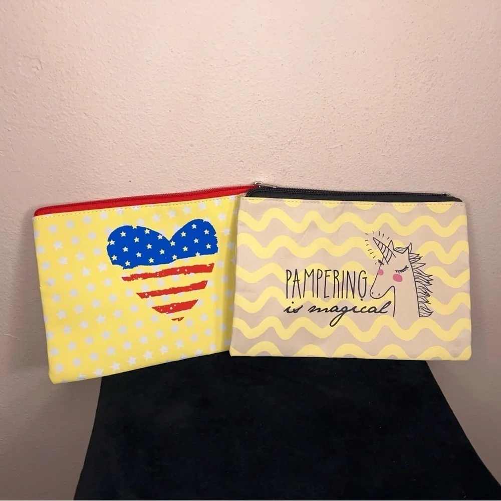 Set Of Two Makeup Bags Perfectly Posh Yellow Travel Cosmetic Storage Unicorn